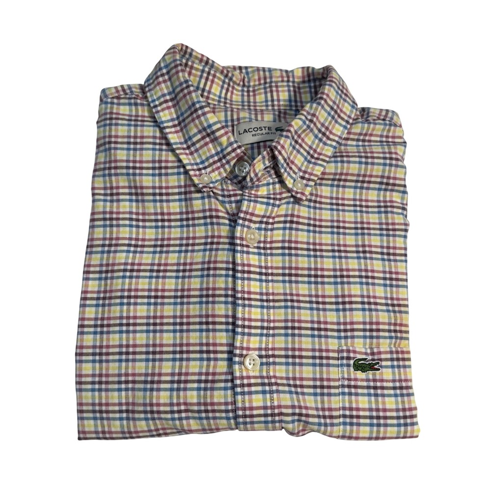 Lacoste Mens Regular Fit Plaid Button Down Shirt Multi Color Cotton Size M